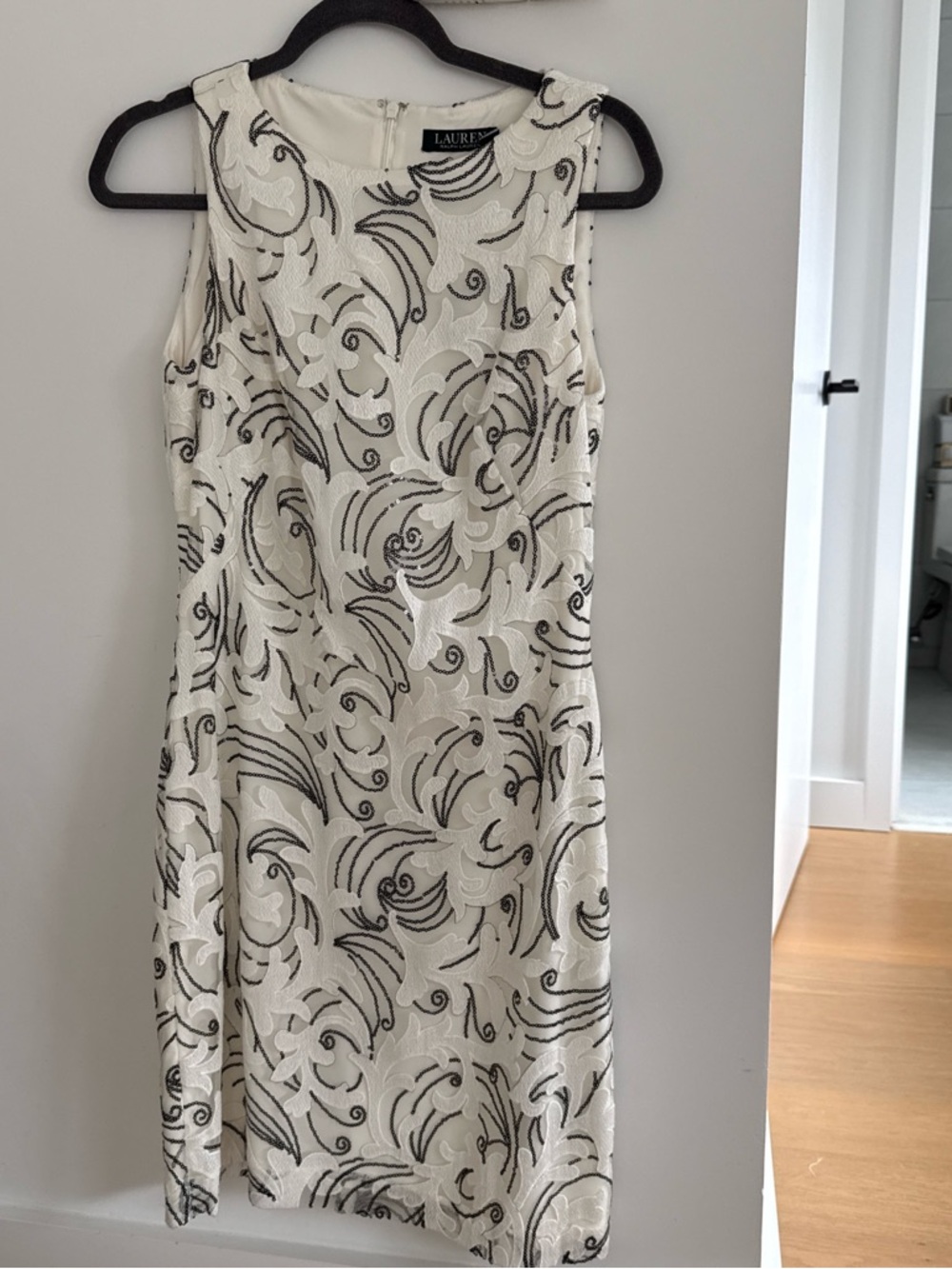 Ralph Lauren Cream Dress with Black Floral Swirl Embroidery with sequins